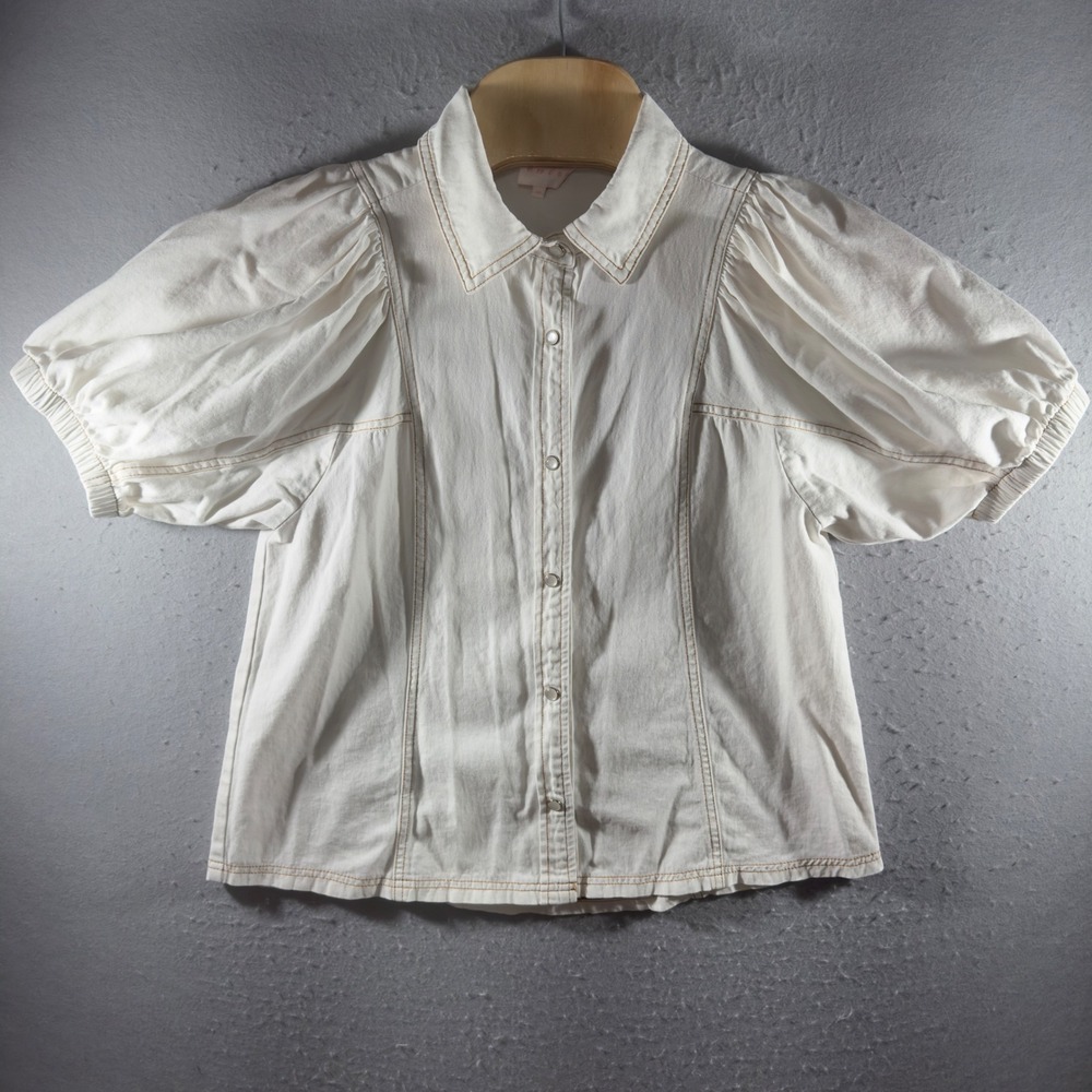 3157 | Entro Puff Sleeve Contrast Stitch Cottagecore Top White Womens M